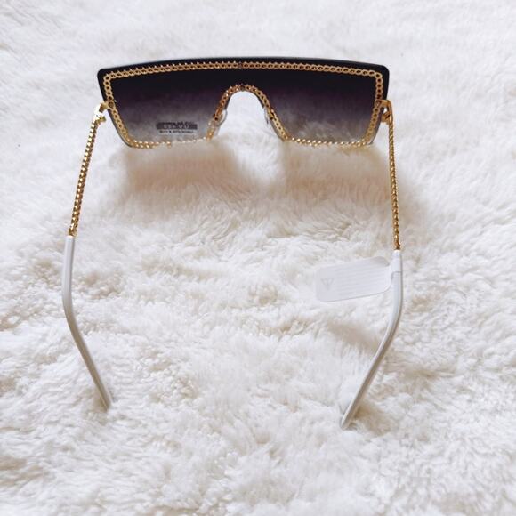 Christine Black Two Tone White Chain Oversized Shield Sunglasses - Picture 8 of 12